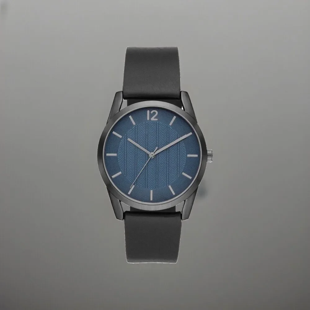 George Mens Watch Gunmetal Case Blue Textured Dial Black Vegan Leather FMDOGE035